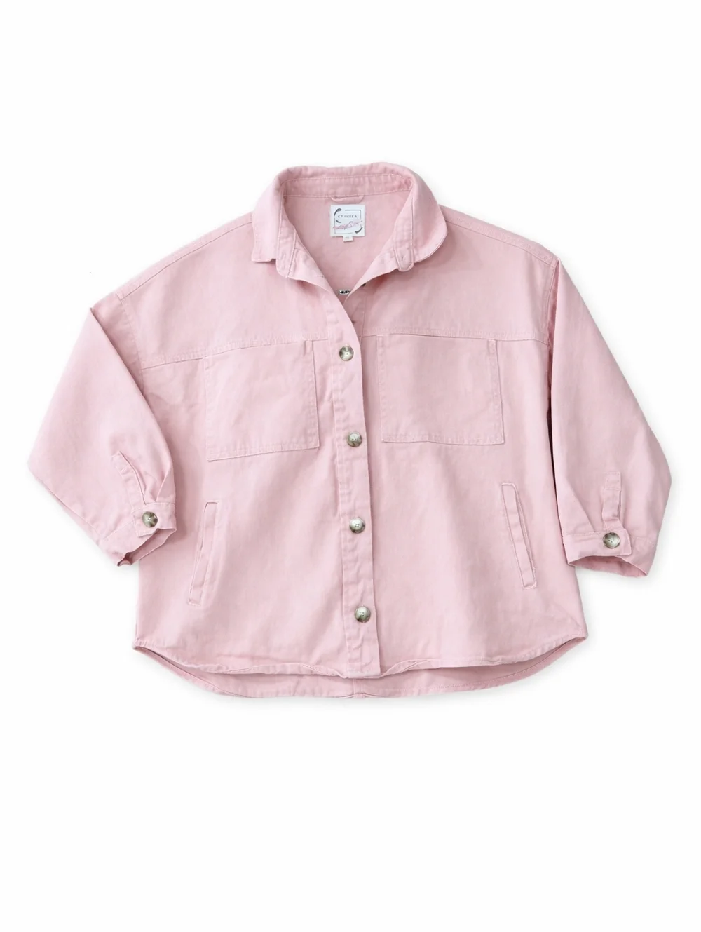 Stoosh Womens Cropped Jacket Pink Button Front Utility Shacket Short Sleeve Boxy